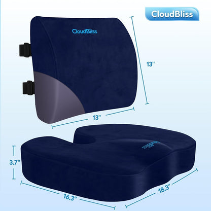 CloudBliss Lumbar Support Pillow & Seat Cushion Set for Office Chair, Desk Chair, Wheelchair & Car – Memory Foam Back Support, Ergonomic Chair Cushions, Sciatica Pain Relief, Home Essentials, Black
