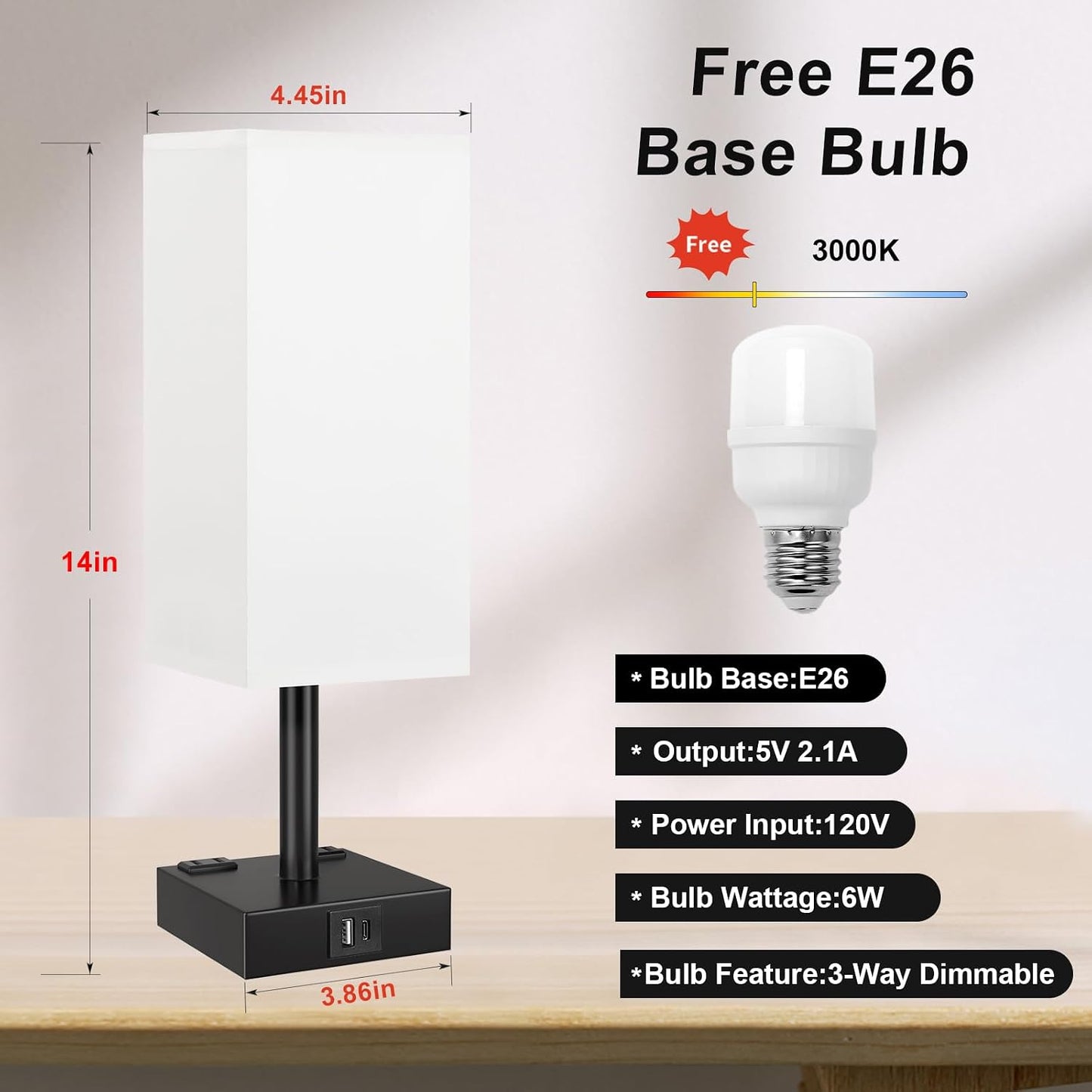 【Upgraded】Bedside Table Lamp Touch Control, with USB C+A Charging Ports & Dual AC Outlets, 3-Way Nightstand Lamp for Bedroom with LampShade Living Room Office(LED Dimmable Bulb Included)