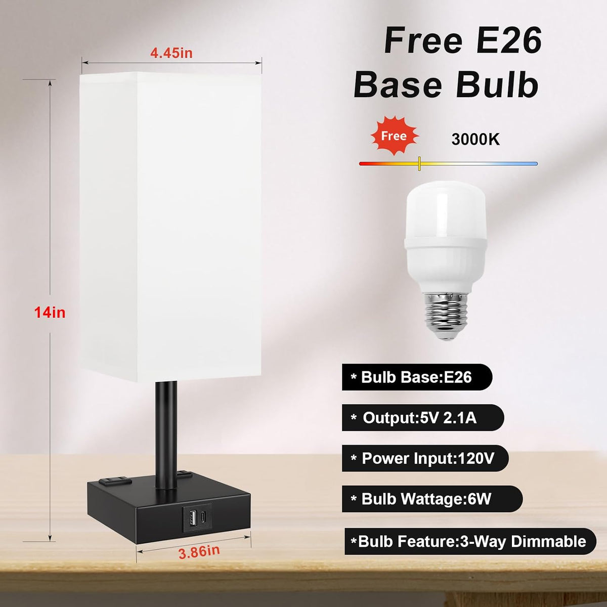 Touch Bedside Table Lamp for Bedroom - Dimmable, USB C+A, 2 AC Outlets