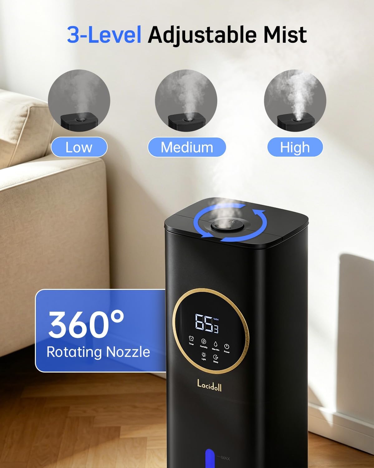 LACIDOLL Humidifiers for Bedroom 500 sq ft, 2.1Gal/8L Humidifier large room