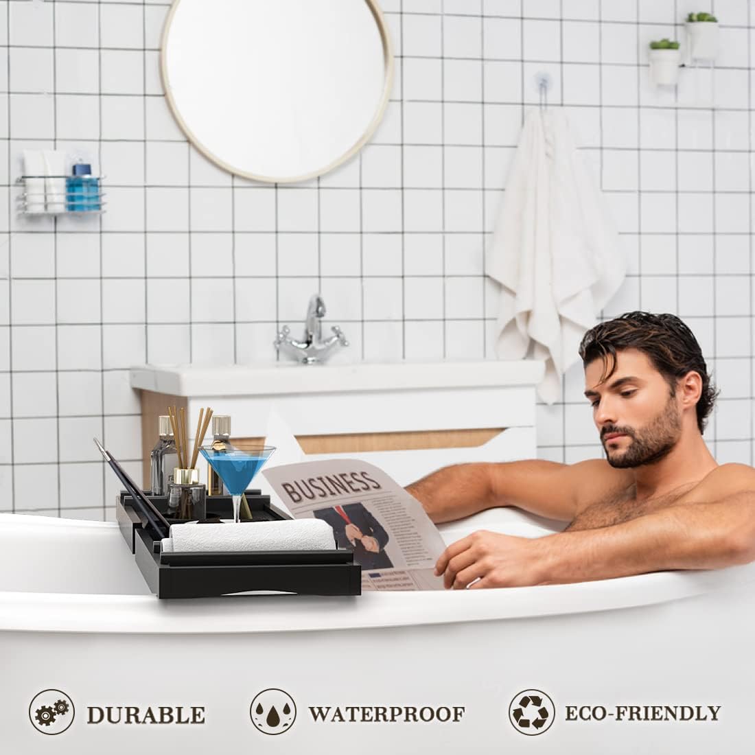 Bath Caddy Tray for Bathtub - Bamboo Adjustable Organizer Tray for Bathroom with Free Soap Dish Suitable for Luxury Spa or Reading