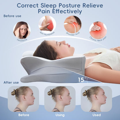 Cervical Neck Pillow, Ergonomic Memory Foam Pillow for Neck Pain Relief with Dual-Height Design, Breathable Cover, Neck Support for Side Back & Stomach Sleepers, Odorless White 1 pcs