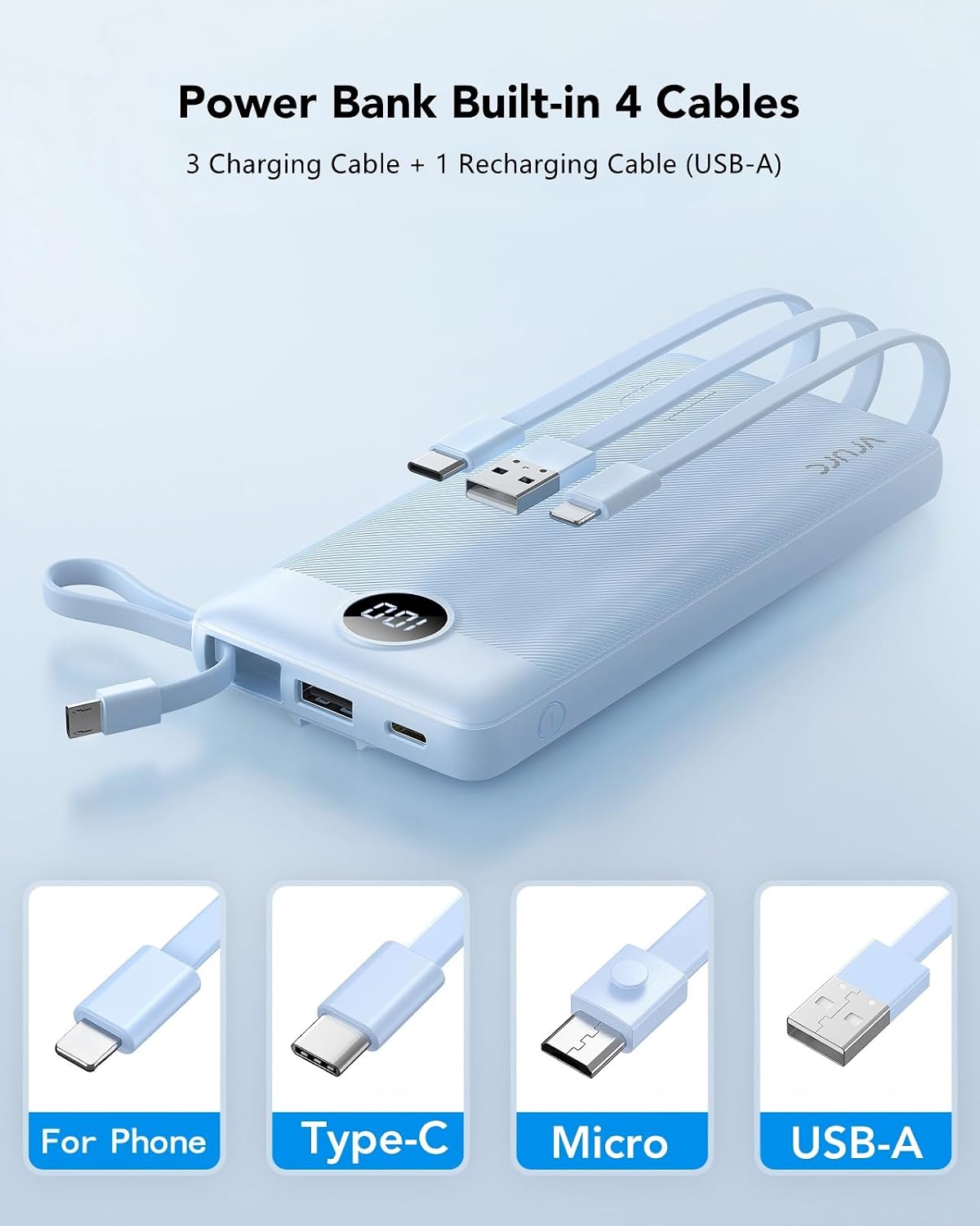 VRURC Portable Charger, Slim Power Bank Built-in 4 Cables, Travel Essential