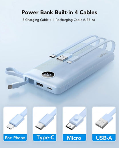 VRURC Portable Charger, Slim Power Bank Built-in 4 Cables, Travel Essential
