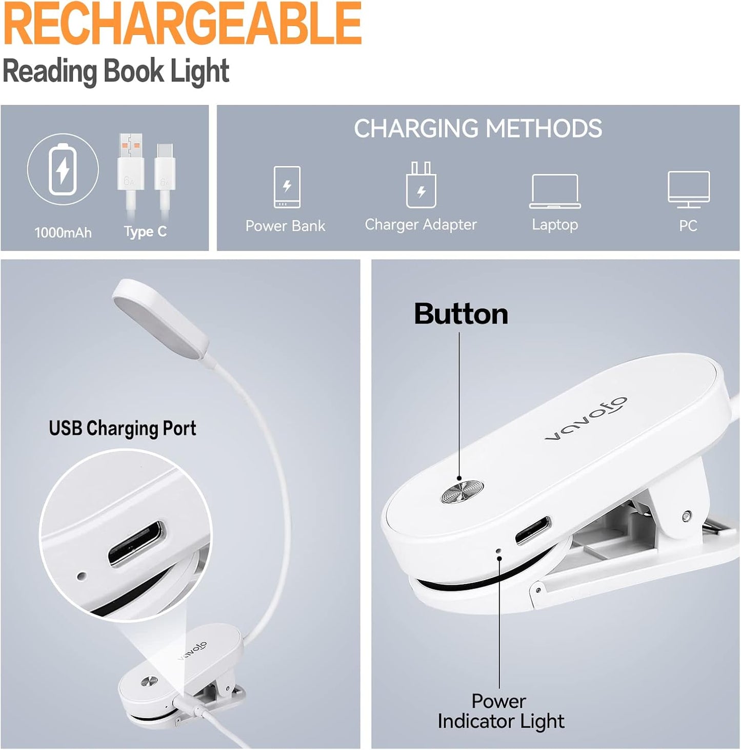 VAVOFO Rechargeable Book Light, 14 LEDs Eye Care Clip On Amber Reading Light for Bookworms Reading in Bed with 9 Colors 9 Brightness (White-Blue)