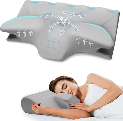 Cervical Pillow for Neck Pain Relief, Cooling Contour Memory Foam Pillows Support Odorless Ergonomic Neck Pillow Adjustable Orthopedic Bed Pillow for Side Back Stomach Sleeper with Pillowcase,Grey