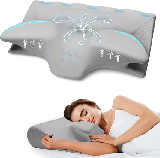 Cervical Pillow for Neck Pain Relief, Cooling Contour Memory Foam Pillows Support Odorless Ergonomic Neck Pillow Adjustable Orthopedic Bed Pillow for Side Back Stomach Sleeper with Pillowcase,Grey