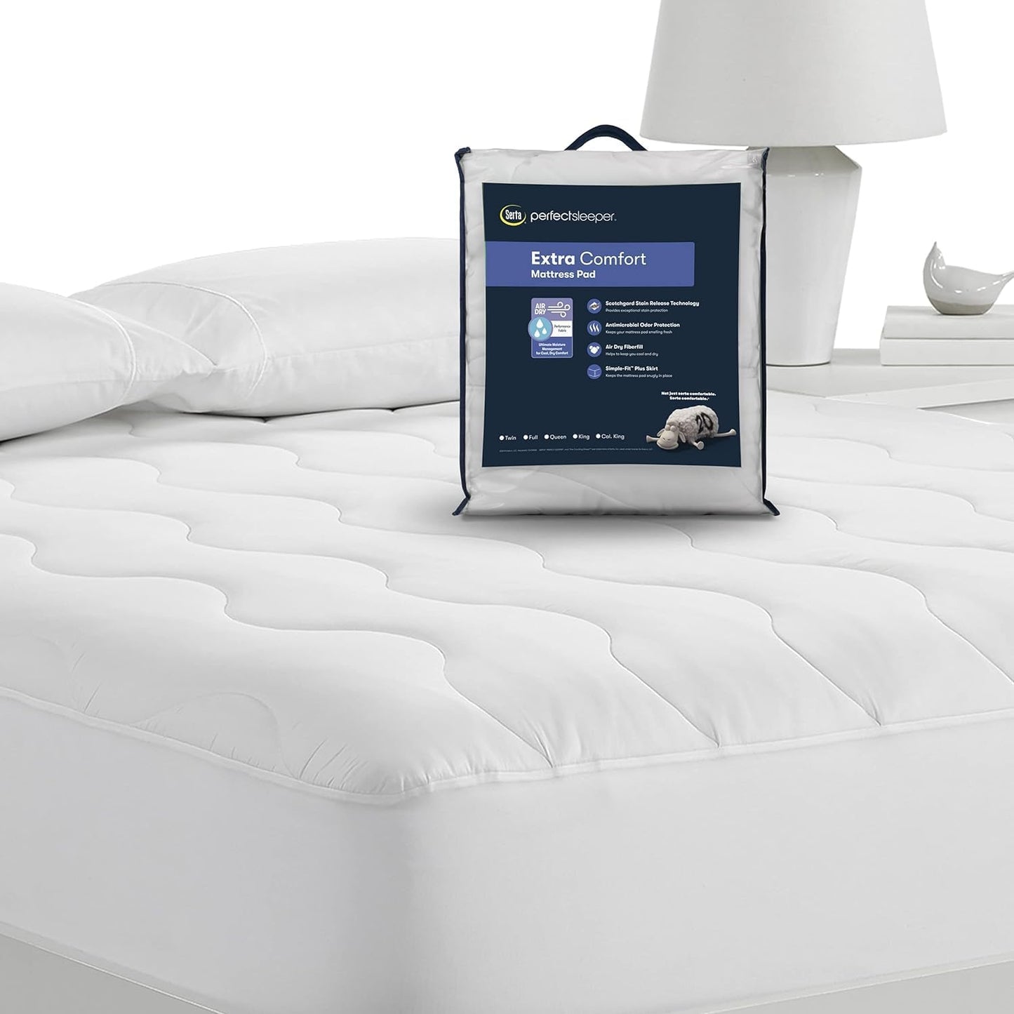 Serta Air Dry Extra Comfort Plus 100% Cotton Fabric Quilted Mattress Pad, Cooling and Breathable Mattress Cover, Moisture Wicking Protection with 18" Deep Pocket, Queen, White