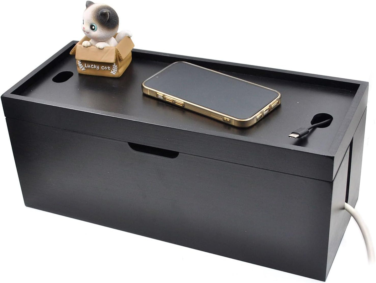 15 Inch Bamboo Large Cable Management Box, Black Cord Organizer