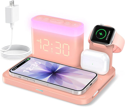 ANJANK Wireless Charging Station,5 in 1 Multiple Charger Stand with Alarm Clock,7 Night Light,Magnetic Charging Dock for iPhone 18 17 16 15 14 13 Pro Max Plus,Apple Watch 11/10/9/8,for Airpods,Bedroom