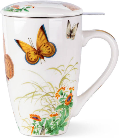 AmorArc 18oz Porcelain Tea Mug with Infuser & Lid, Loose Leaf Tea Cup with Stainless Steel Strainer, Large Coffee Mug Gift for Women, Tea Lovers, Home & Office