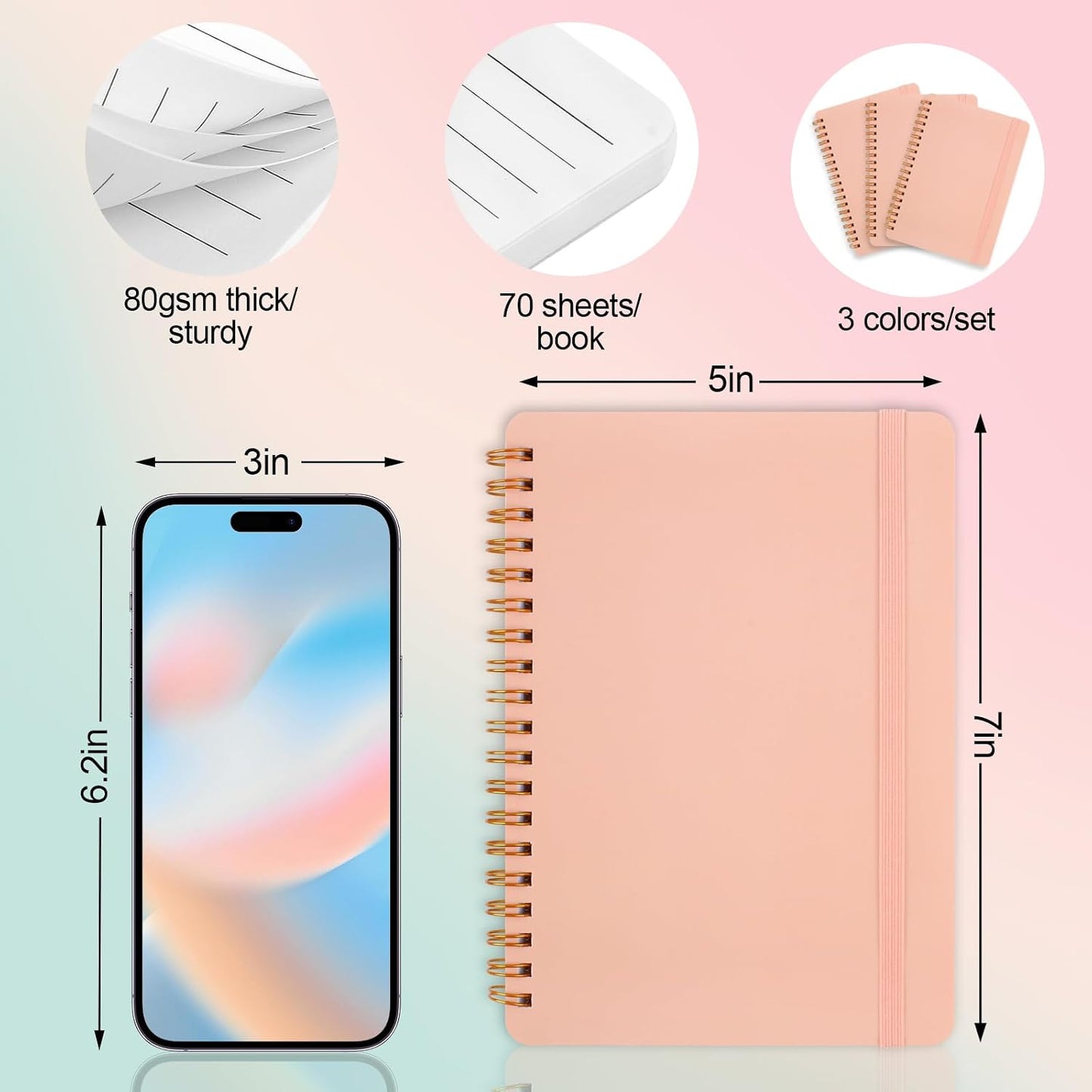 Utron 3 PCS Small Spiral Notebook 5x7, Notebooks for Note Taking, Morandi Spiral Journal Notebook, Work Notebook Small Notebooks 5x7 with Strap, Cute Notebooks for Women 70 Sheets/Note Books