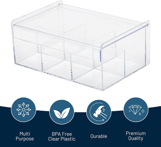 RoyalHouse Acrylic Tea Bag Holder Storage Organizer, 6 Compartment BPA Free Clear Plastic Tea Box with Lid, Multi-Purpose storage Box for Tea Bags, Office Supplies, Crafts, and Small Items.