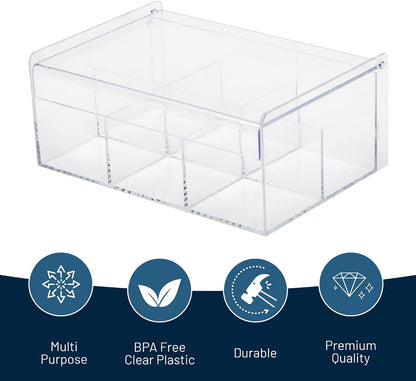 RoyalHouse Acrylic Tea Bag Holder Storage Organizer, 6 Compartment BPA Free Clear Plastic Tea Box with Lid, Multi-Purpose storage Box for Tea Bags, Office Supplies, Crafts, and Small Items.