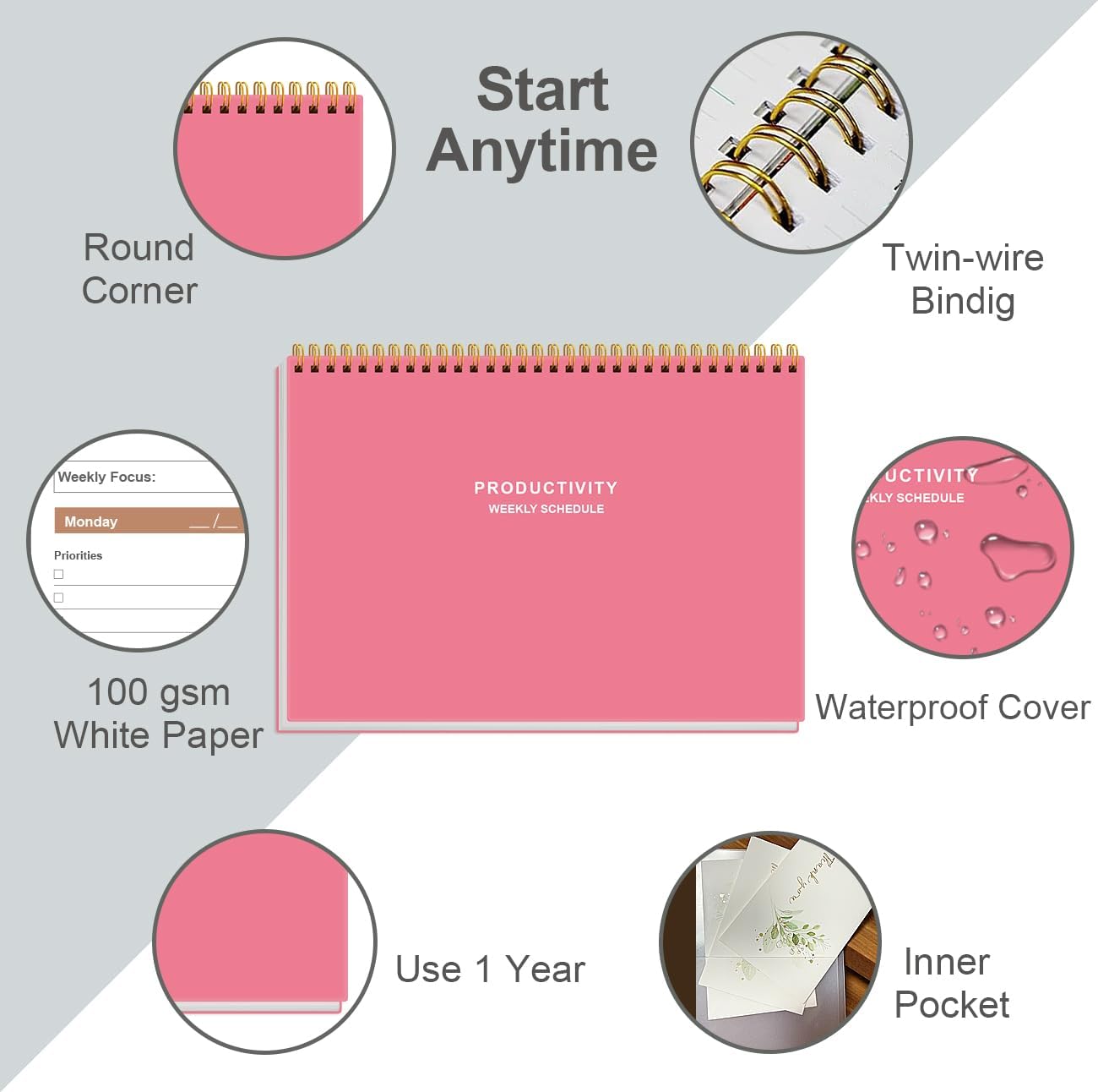 Weekly Productivity Planner - 8" x 11" Dashboard Desk Pad/Planner, Habit Tracker, Spiral Undated Weekly Planner for Office/School/Home, 54 Weeks, Grey