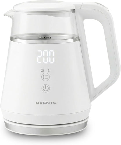 OVENTE 1L Small Electric Kettle with 5 Temperature Preset, Digital Display, 5Hr Keep Warm, Auto Shut-Off, Double-Wall Cool Touch Exterior, Borosilicate Glass,1500W BPA Free Water Boiler, Black KD95B