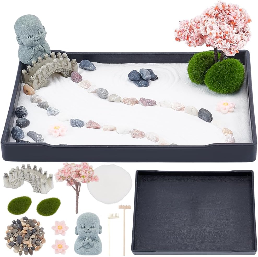 WEBEEDY Mini Zen Garden Kit Japanese Style Sand Tray Kit Sand Garden for Desktop with Tray,Desk Sandbox Miniature Ornaments Kit for Home Office Desk Beautiful Decor Relaxation Meditation