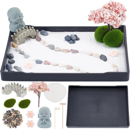 WEBEEDY Mini Zen Garden Kit Japanese Style Sand Tray Kit Sand Garden for Desktop with Tray,Desk Sandbox Miniature Ornaments Kit for Home Office Desk Beautiful Decor Relaxation Meditation