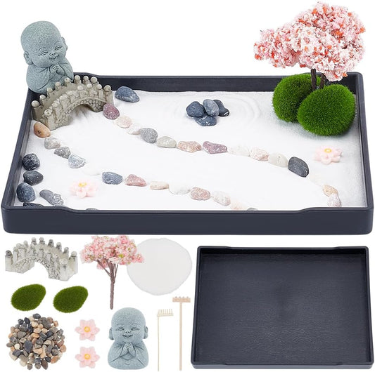 WEBEEDY Mini Zen Garden Kit Japanese Style Sand Tray Kit Sand Garden for Desktop with Tray,Desk Sandbox Miniature Ornaments Kit for Home Office Desk Beautiful Decor Relaxation Meditation