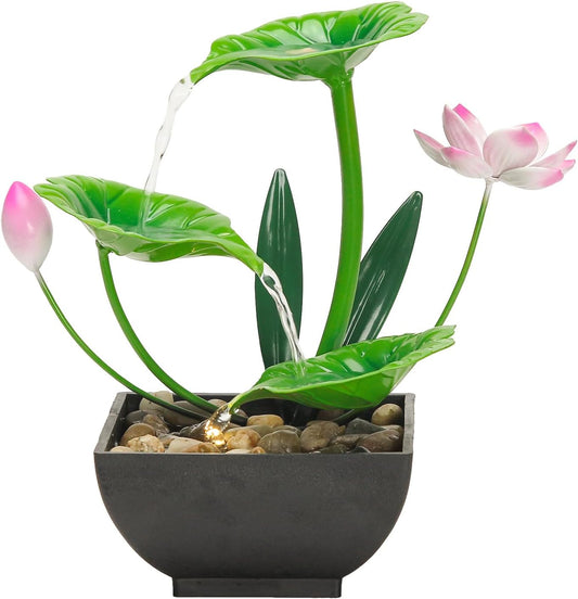 Water Fountain Indoor Waterfall Fountain 3-Tier Tabletop Fountain Lotus Desk Relaxation Home Decor Including Lots of Rocks and Soothing Sound Machine (Green 1)