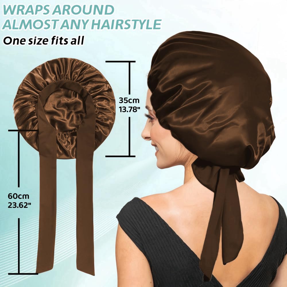 VECIIR Silk Bonnet for Sleeping Women, Ajustable Hair Bonnet for Curly Hairs Satin Bonnet Reduce Friction Prevent Frizz Black，Large