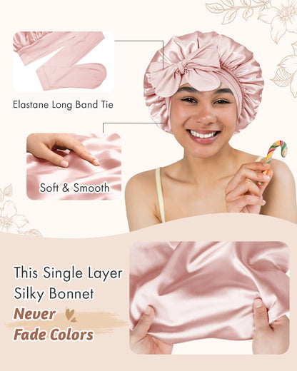 BONNET QUEEN Silk Bonnet for Sleeping for Women Satin Bonnet Night Cap for Curly Hair with Tie Band, Single Layer, Cream Pink