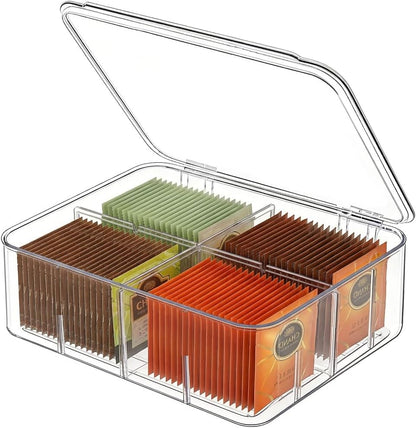 Tea Organizer for Tea Bags Organizer and Storage With Lid | Clear, Removable Divided, Tea Bag Holder, Drink Packets Organizer, For Cabinet, Counter, Countertop