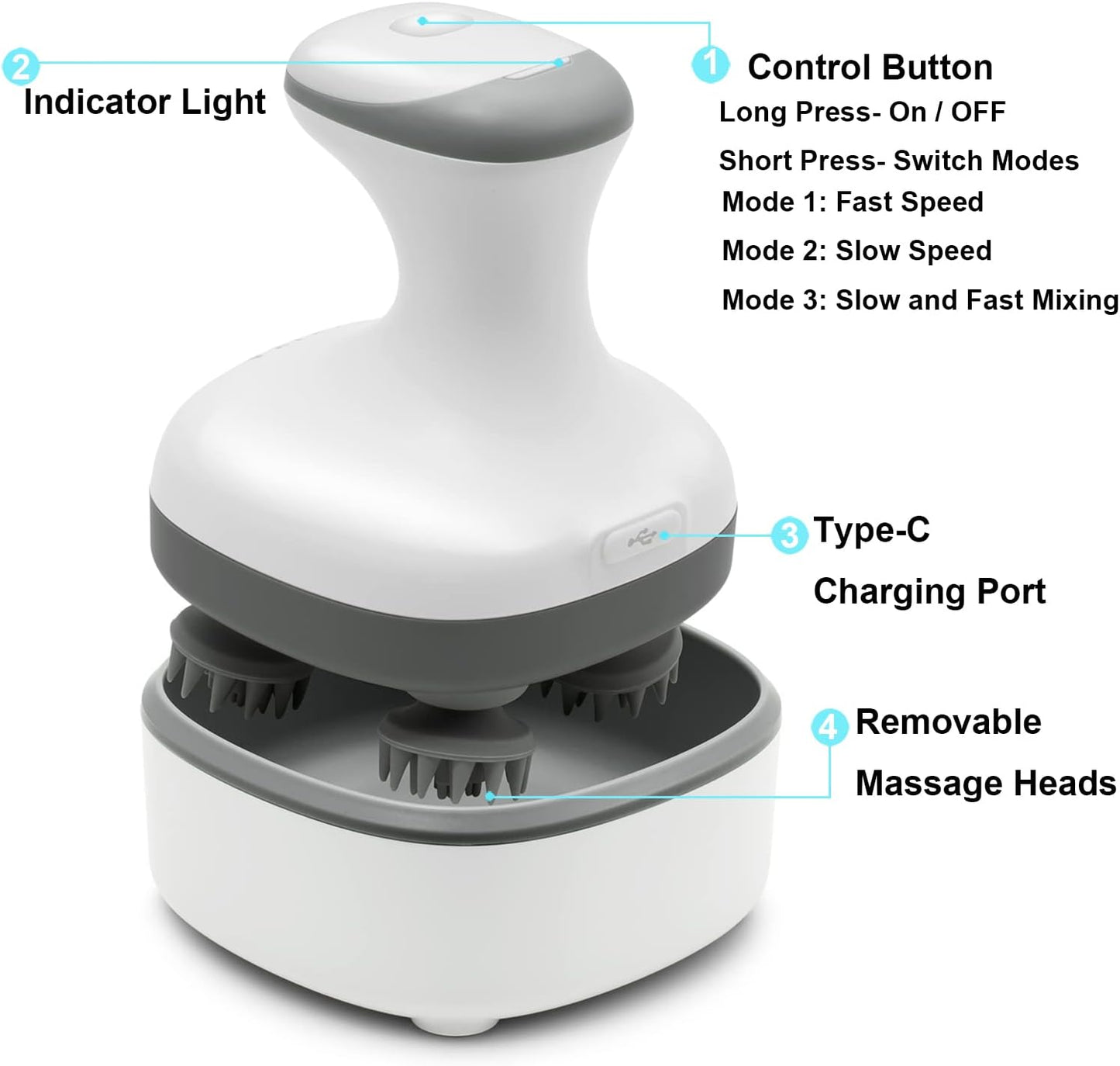 VIVIYA Electric Scalp Massager, Portable Rechargeable Head Massager with 8 Removable Massage Claws, Waterproof Handheld Hair Scalp Scratcher for Full-Body Massage and Stress Relax
