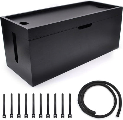 15 Inch Bamboo Large Cable Management Box, Black Cord Organizer