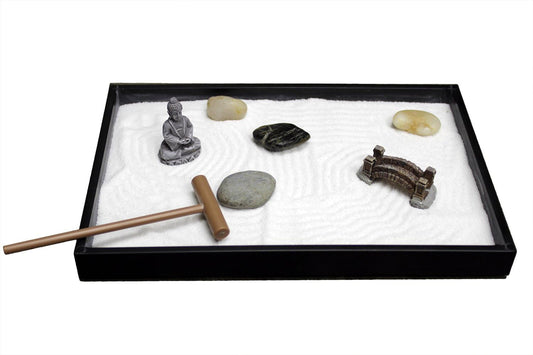 Nature's Mark Mini Zen Garden Kit for Desk with Rake, White Sand, Buddha Figure, Bridge Figure and River Rocks, Black Rectangle Base