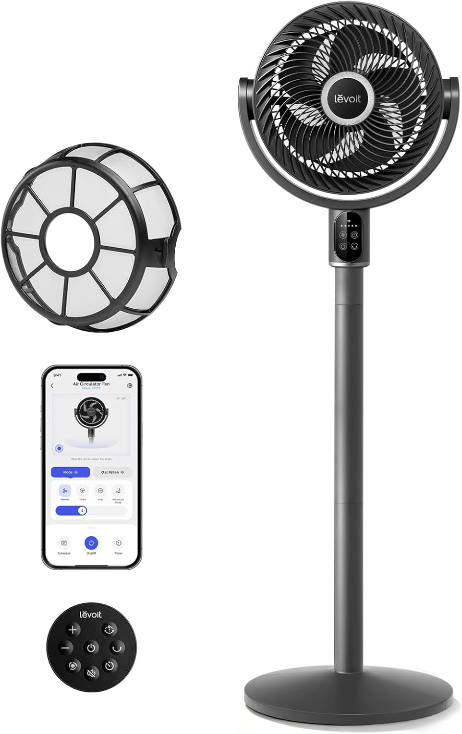 LEVOIT Standing Fan for Bedroom, 20dB Quiet Pedestal Fan for Sleep, 1024 CFM Ultra-High Airflow, 90° Oscillating Floor Fan, DC Motor, 5 Speeds, 12H Timer, Remote, for Home, Room, Office, White
