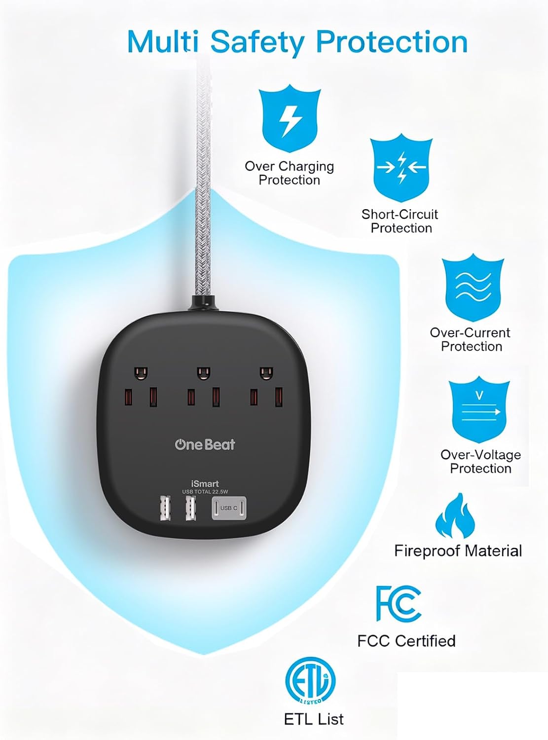 Travel Essentials, 22.5W/4.5A Flat Plug Power Strip, 6 Ft Extension Cord