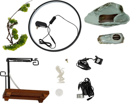 Mini Artificial Bonsai Tree Waterfall Fog Feature Rock Tabletop Fountain | 11in Desktop Decor Waterfall Fountain W/ Water Pump& Atomizer&LED Lights &Fake Tree Office Bedroom Relax