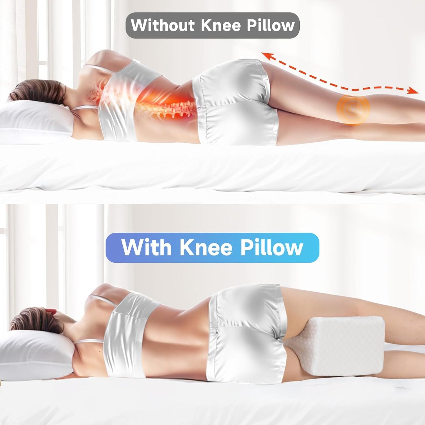 CloudBliss Knee Pillow for Side Sleepers-Cooling Leg Pillow for Side Sleeping, Memory Foam Knee Pillow for Hip Pain, Lower Back Pain, Sciatica Pain, Knee Wedge Pillow with Contour Design, White