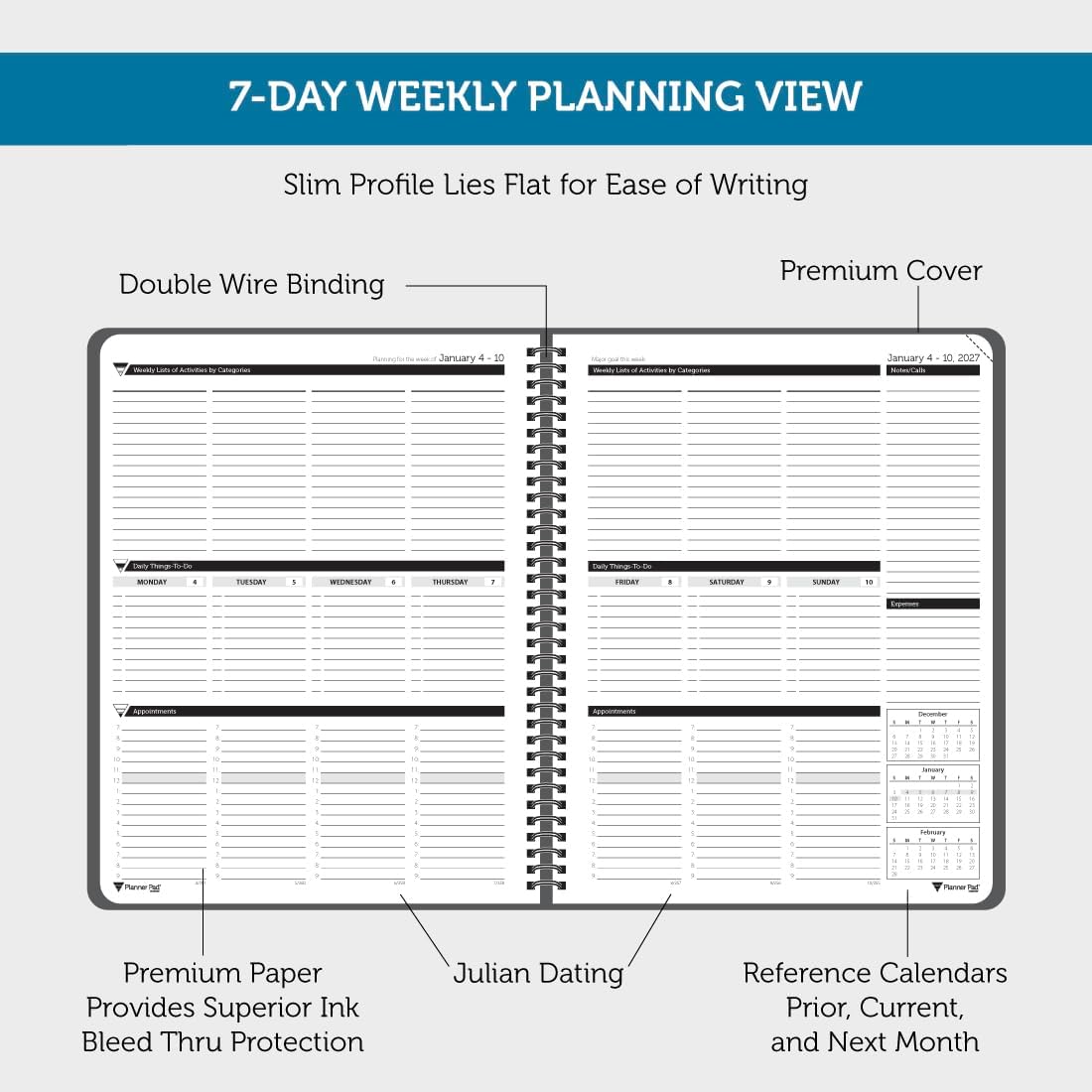 Planner Pad Spiral Bound July 2026 – June 2027 / Academic Year 8 1/2" x 11" Large 3-Tier Funnel Down 12 Month/Weekly Size Organizer, Greenish Grey Cover/Soft Green Ink