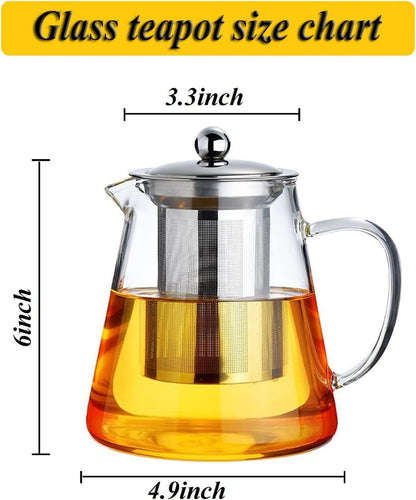 Glass Teapot with Removable Stainless Steel Infuser, Borosilicate Glass Tea Pot with Strainer,for Blooming Tea & Loose Leaf Tea, Microwave & Stovetop Safe（19oz ）