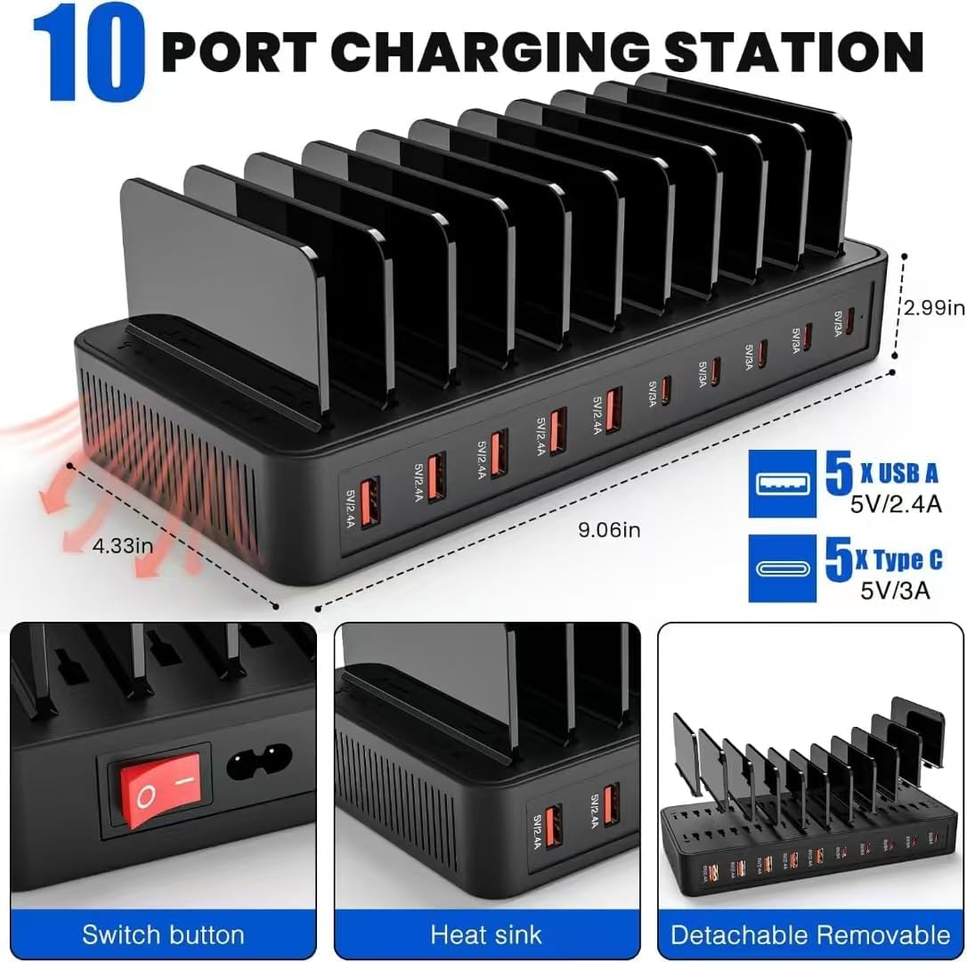 Charging Station 100W 10-Port USB C Fast Charging Dock for Multiple, Black
