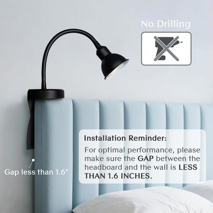 Solfres Patented Innovative Design Headboard Reading Light. No Drilling Golden Book Light for Bedtime Reading. Dimmable LED Book Reading Lamp with Bulb. Movable & Flexible, Black