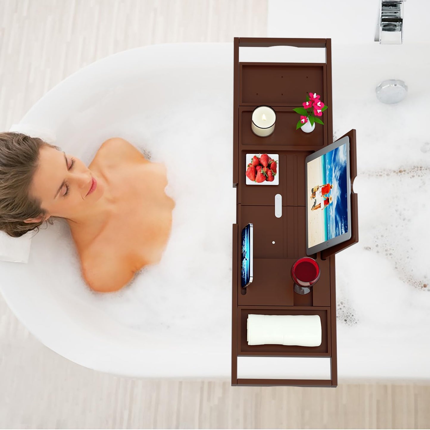 Premium Bamboo Bathtub Tray Caddy - Bath Tub Tray Table for Bathtub - Bath Caddy Tray for Bathtub, Expandable Size, Fits Most Bath Tubs