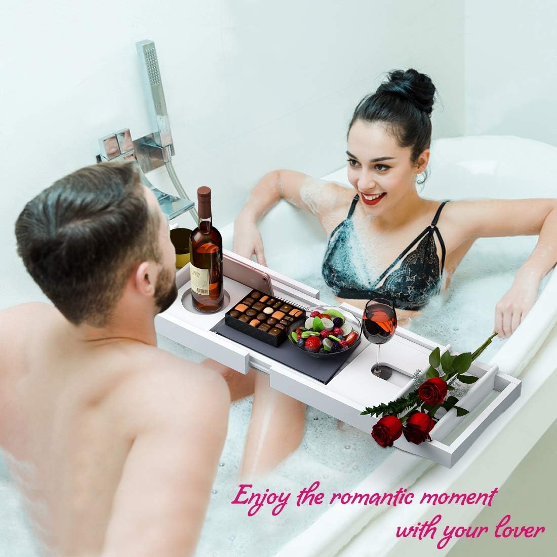 Bath Caddy Tray for Bathtub - Bamboo Adjustable Organizer Tray for Bathroom with Free Soap Dish Suitable for Luxury Spa or Reading