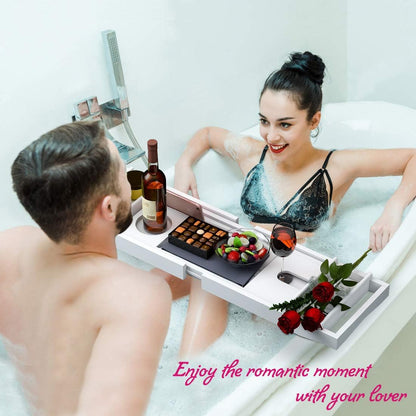 Bath Caddy Tray for Bathtub - Bamboo Adjustable Organizer Tray for Bathroom with Free Soap Dish Suitable for Luxury Spa or Reading