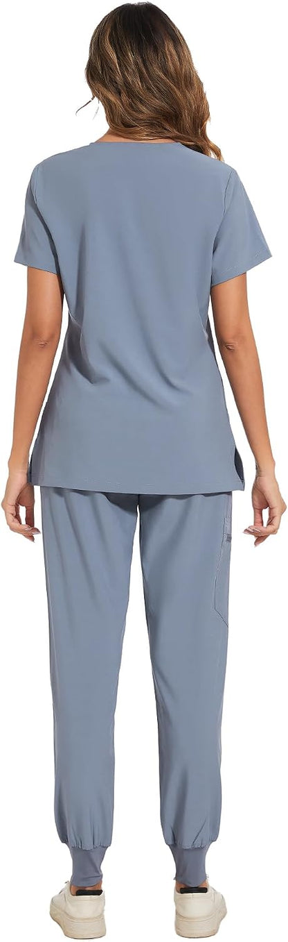 COZYFIT Scrubs for Women Set - Stretch V-Neck Scrub Top & Jogger Pant with 8 Pockets COZY SCRUBS - Colors E
