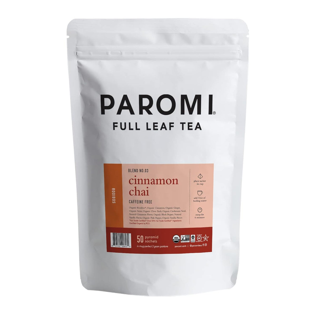 Paromi Organic Cinnamon Chai Rooibos, Resealable Pouch, 50 Count