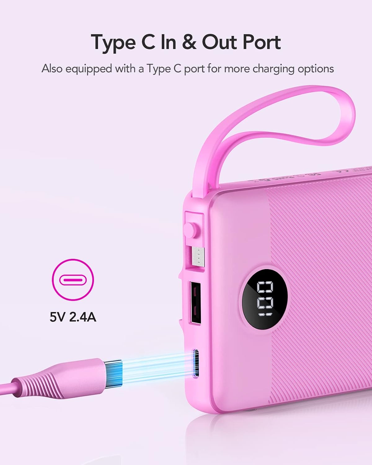 VRURC Portable Charger, Slim Power Bank Built-in 4 Cables, Travel Essential