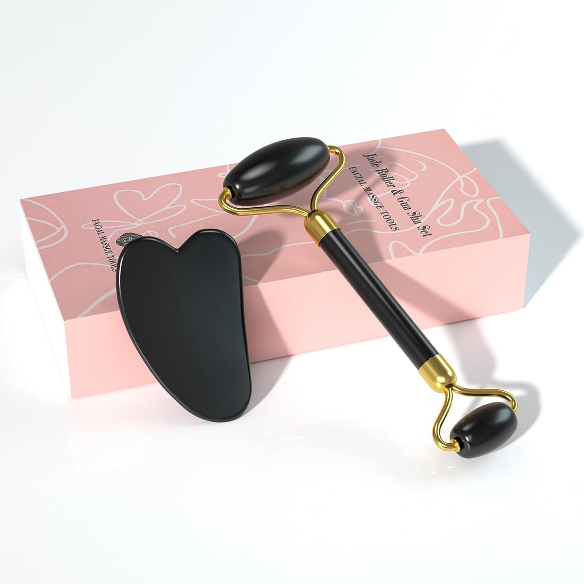 Natural Gua Sha & Jade Roller Set, Gua Sha Tool for Face & Body, Anti-Swelling Skin Tightening Home SPA Tool, Muscle Relief Safe Polished Jade, Self-Care Gift Set for Home Travel