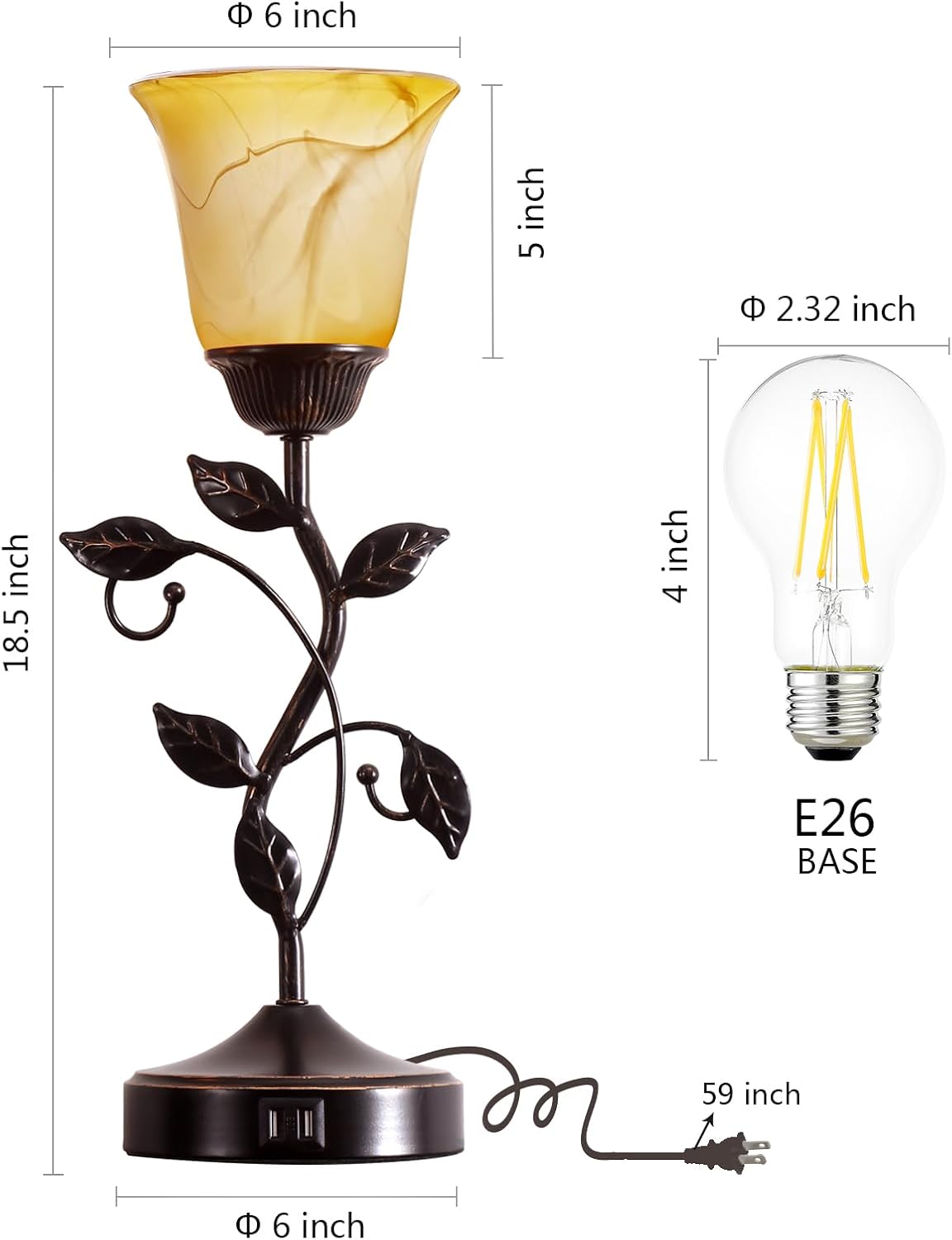 Touch Control Table Lamp with 2 USB Charging Ports, 3-Way Dimmable Bedside Nightstand Lamps, Amber Glass Shade Vintage Rural Leaf Lamp for Living Room, Bedroom, Dresser, LED Bulb Included (Bronze)