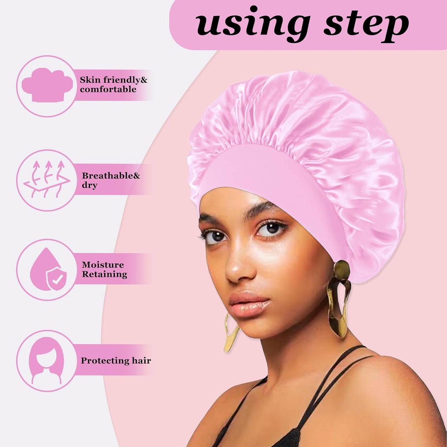 4PCS Silk Satin Bonnets for Black Women & Men - Elastic Wide Band Hair Wrap Cap for Curly Hair - Shower Cap for Sleeping (Black, Peacock Blue, Pink, Khaki)
