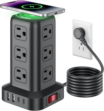 Extension Cord with Multiple Outlets, SMALLRT Power Strip Tower, Outlet Extender with 12 AC Outlets 4 USB, 6.5FT Extension Cord for Home Dorm Room, Office Supplies,Overload Protection