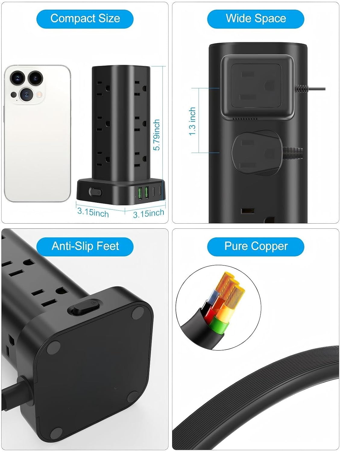 6FT Power Strip Tower Surge Protector, 12 Wide Spaced Outlets, 4 USB