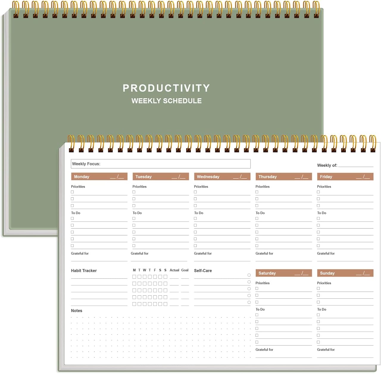 Weekly Productivity Planner - 8" x 11" Dashboard Desk Pad/Planner, Habit Tracker, Spiral Undated Weekly Planner for Office/School/Home, 54 Weeks, Grey